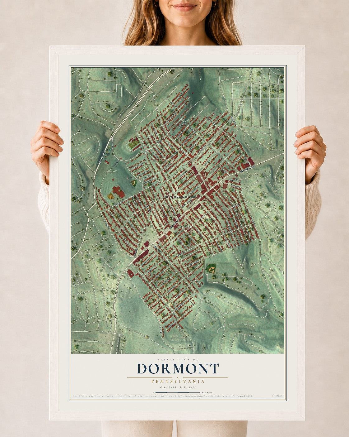Map of Dormont, Pennsylvania, 24 x 36 inch print in a white wood frame