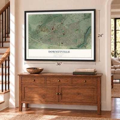 Dorneyville, Pennsylvania map, 24 x 36 inch print in a black frame above a dresser by a staircase
