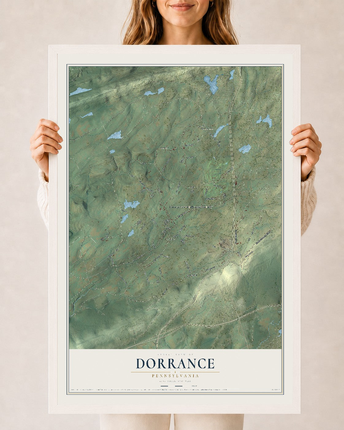 Map of Dorrance, Pennsylvania, 24 x 36 inch print in a white wood frame