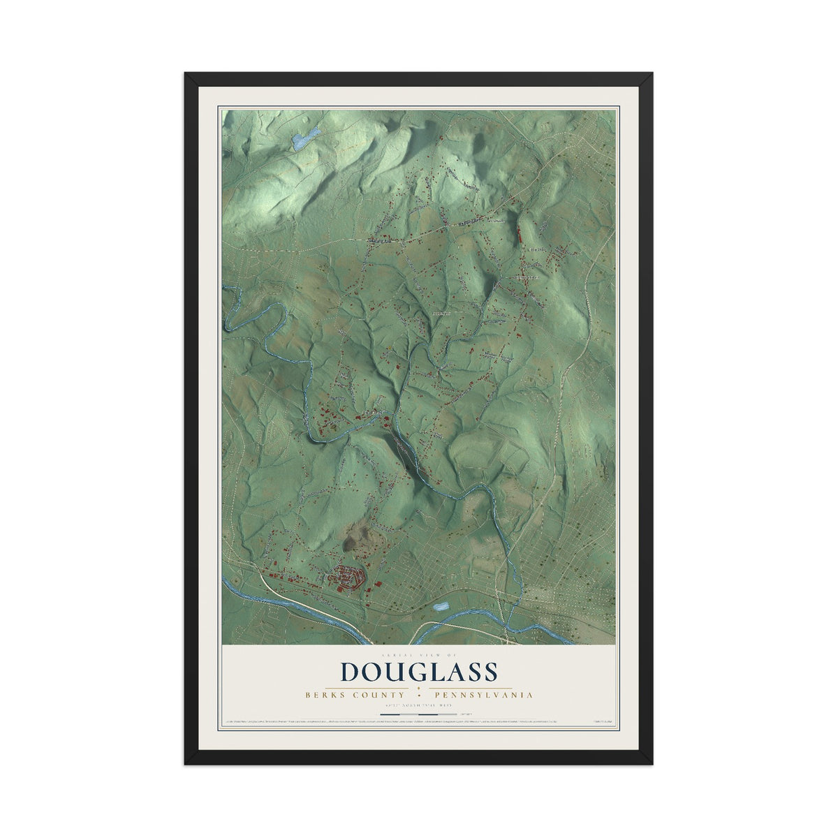 Map of Douglass, Berks County, Pennsylvania, 12 x 18 inch print in a black wood frame
