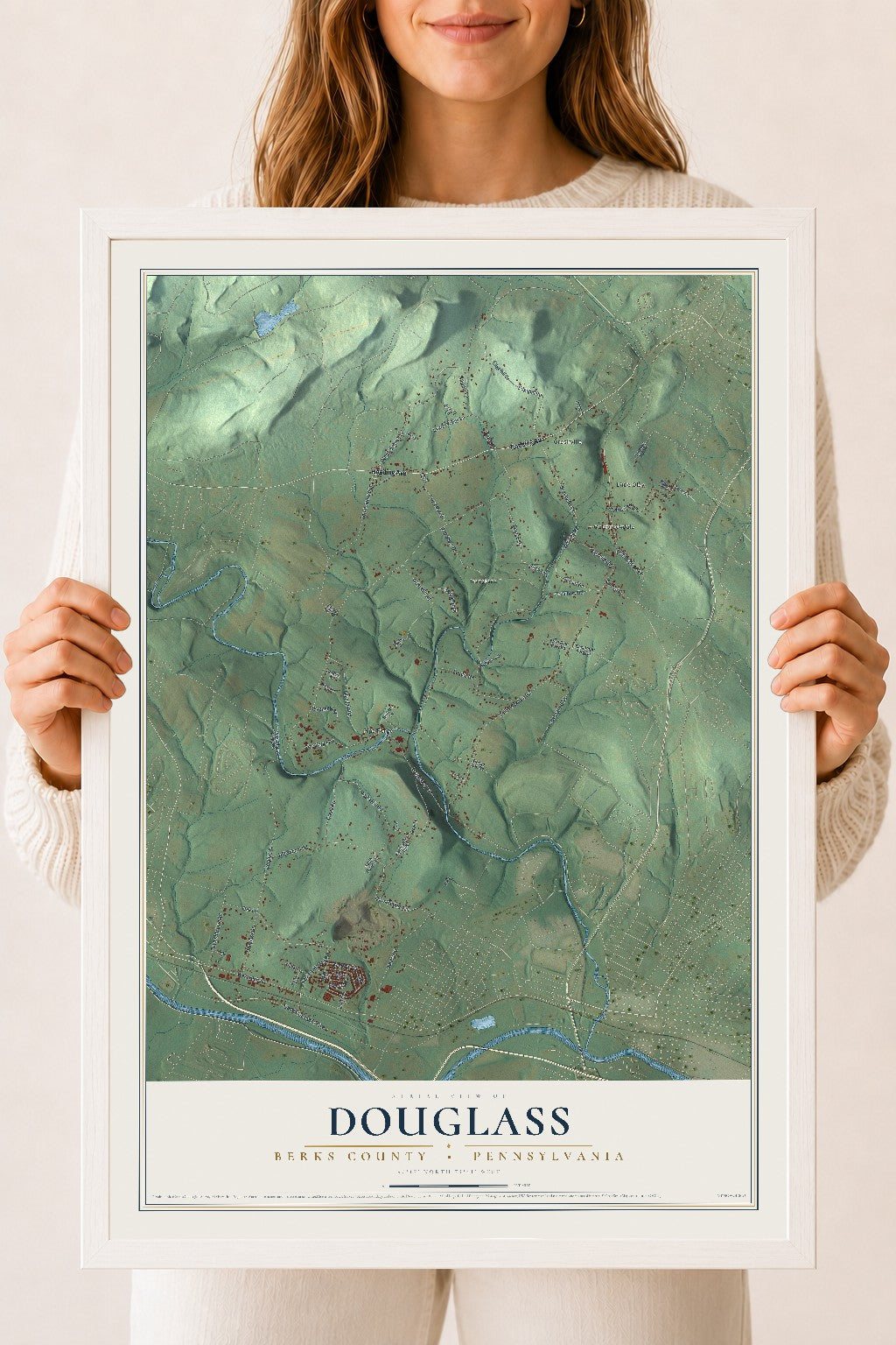 Map of Douglass, Berks County, Pennsylvania, 18 x 24 inch print in a white wood frame