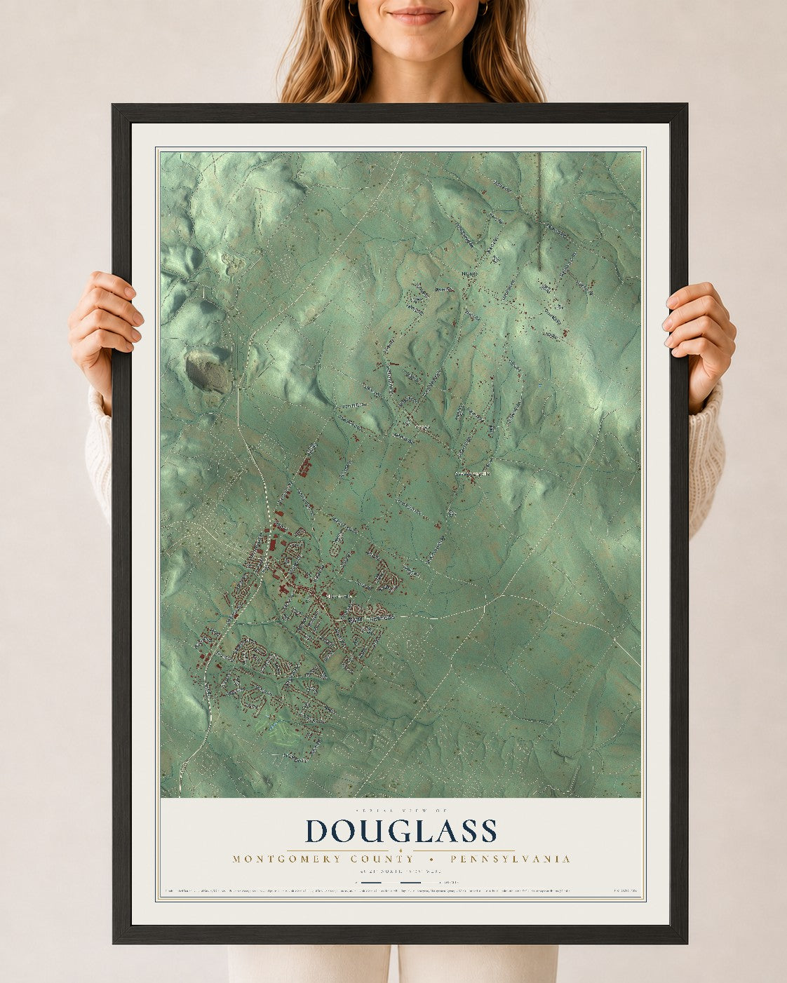 Map of Douglass, Montgomery County, Pennsylvania, 24 x 36 inch print in a black wood frame