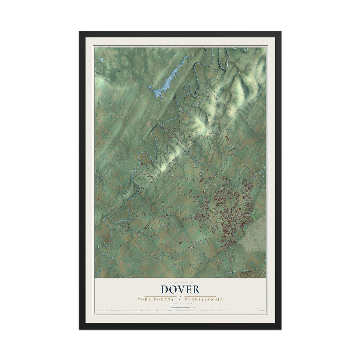 Map of Dover, York County, Pennsylvania, 12 x 18 inch print in a black wood frame