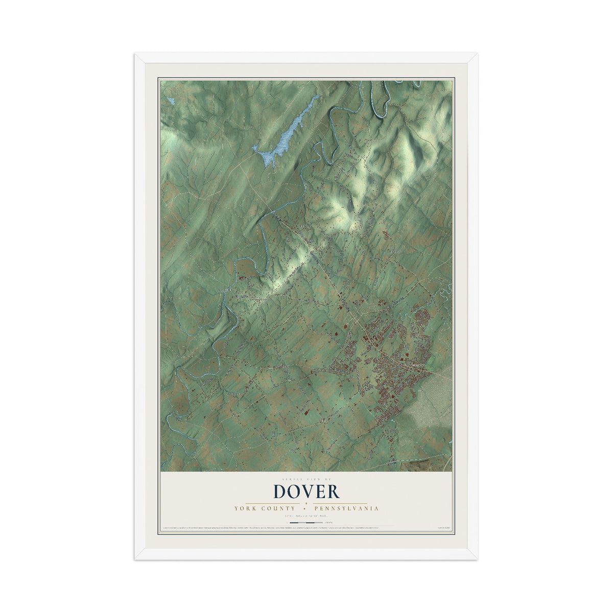 Map of Dover, York County, Pennsylvania, 12 x 18 inch print in a white wood frame