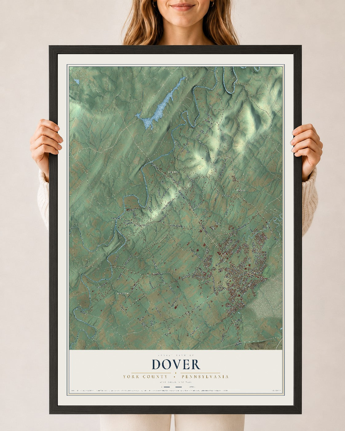 Map of Dover, York County, Pennsylvania, 24 x 36 inch print in a black wood frame