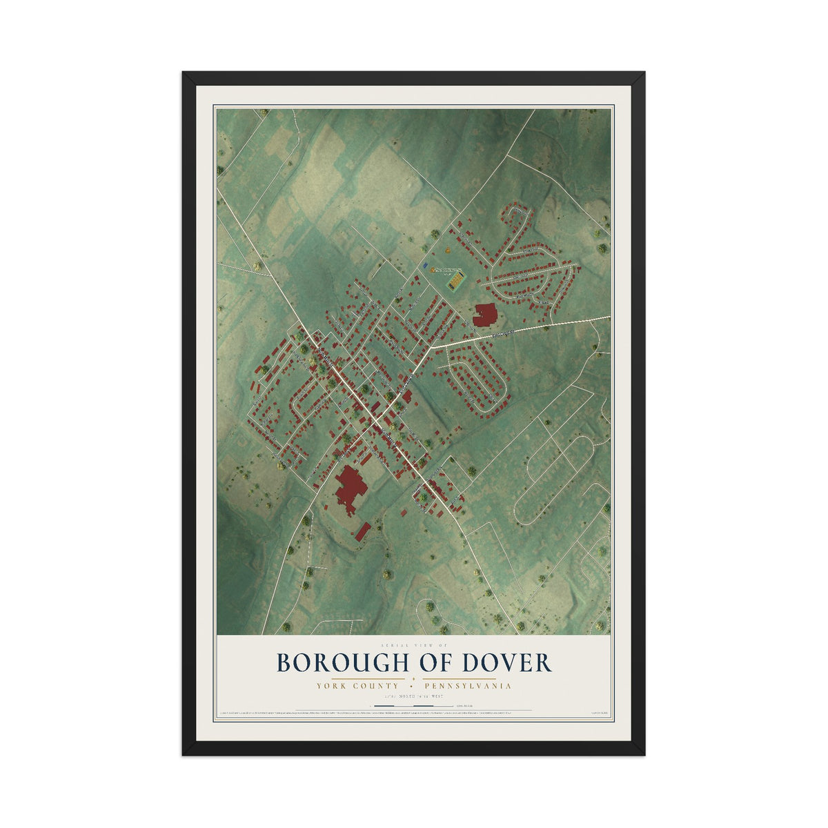 Map of the Borough of Dover, York County, Pennsylvania, 12 x 18 inch print in a black wood frame