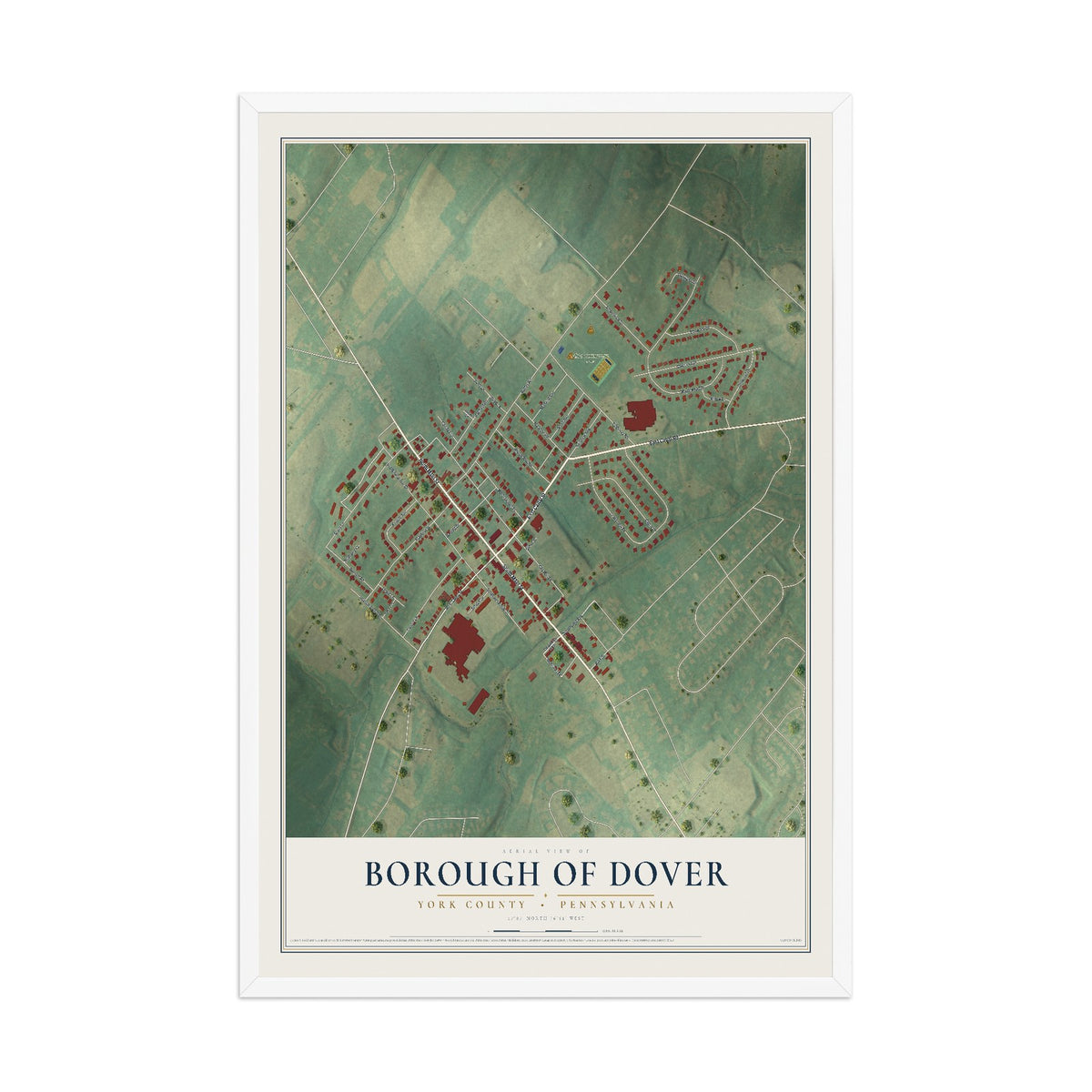 Map of the Borough of Dover, York County, Pennsylvania, 12 x 18 inch print in a white wood frame