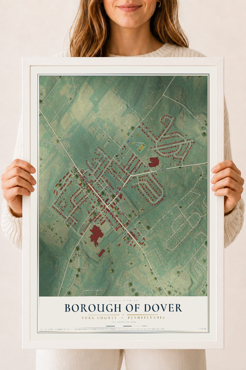 Map of the Borough of Dover, York County, Pennsylvania, 18 x 24 inch print in a white wood frame