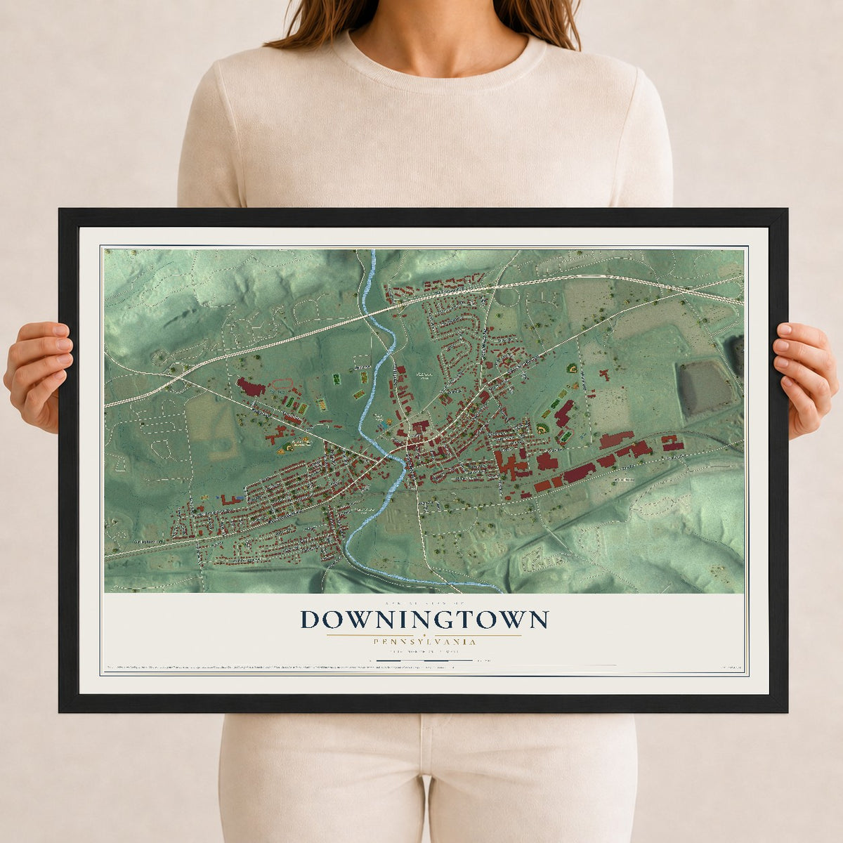 Map of Downingtown, Pennsylvania, 12 x 18 inch print in a black wood frame