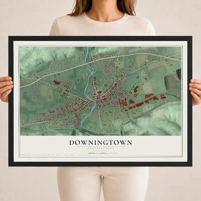 Map of Downingtown, Pennsylvania, 18 x 24 inch print in a black wood frame