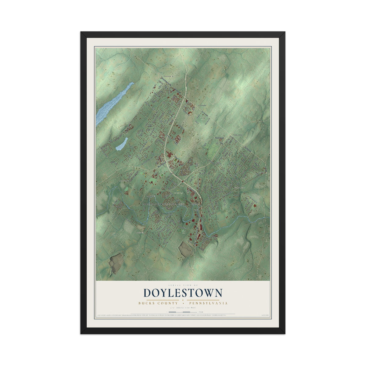 Map of Doylestown, Bucks County, Pennsylvania, 12 x 18 inch print in a black wood frame