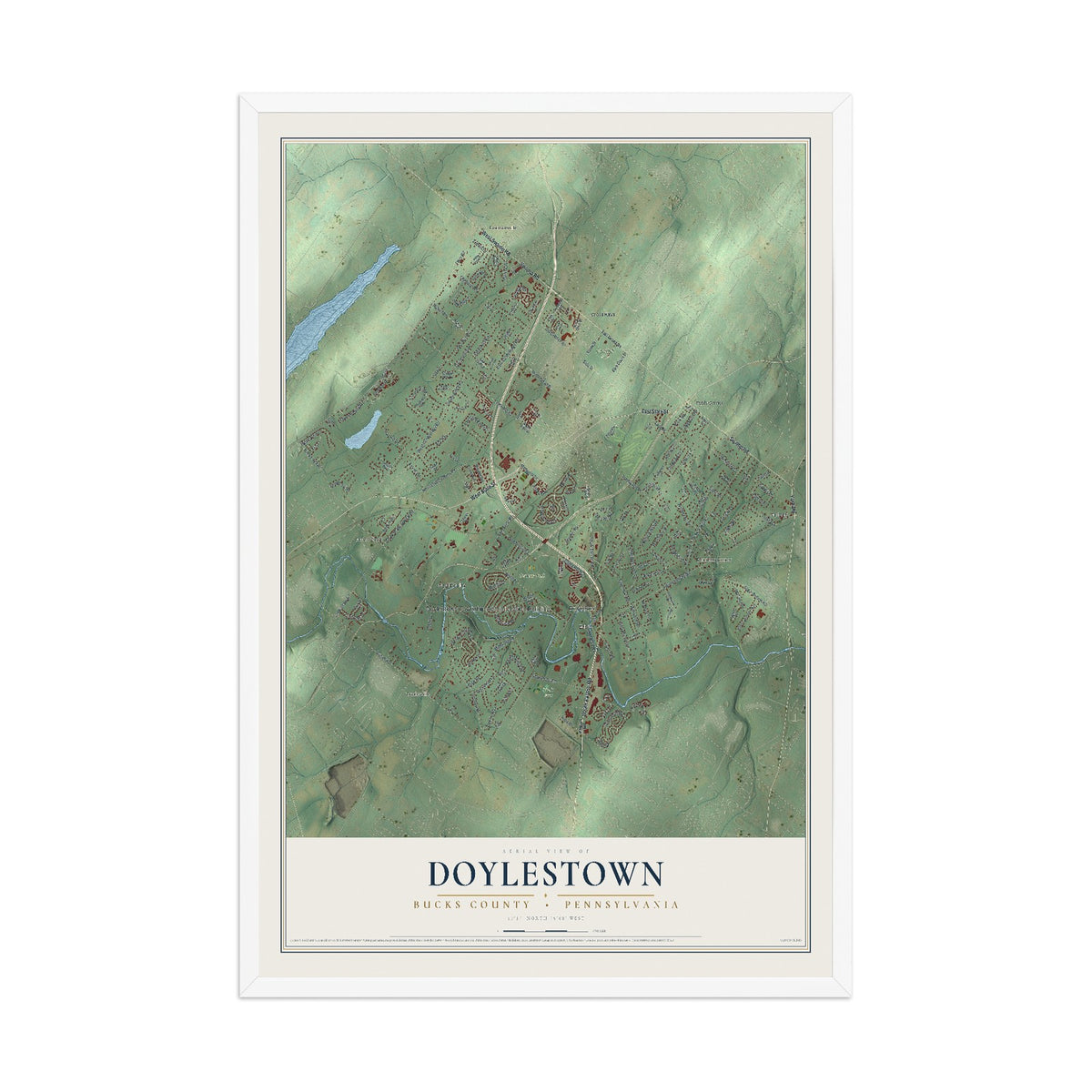 Map of Doylestown, Bucks County, Pennsylvania, 12 x 18 inch print in a white wood frame