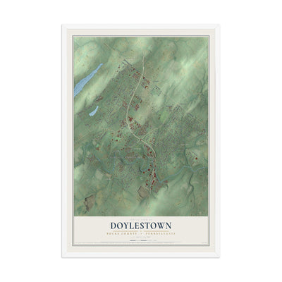 Map of Doylestown, Bucks County, Pennsylvania, 12 x 18 inch print in a white wood frame