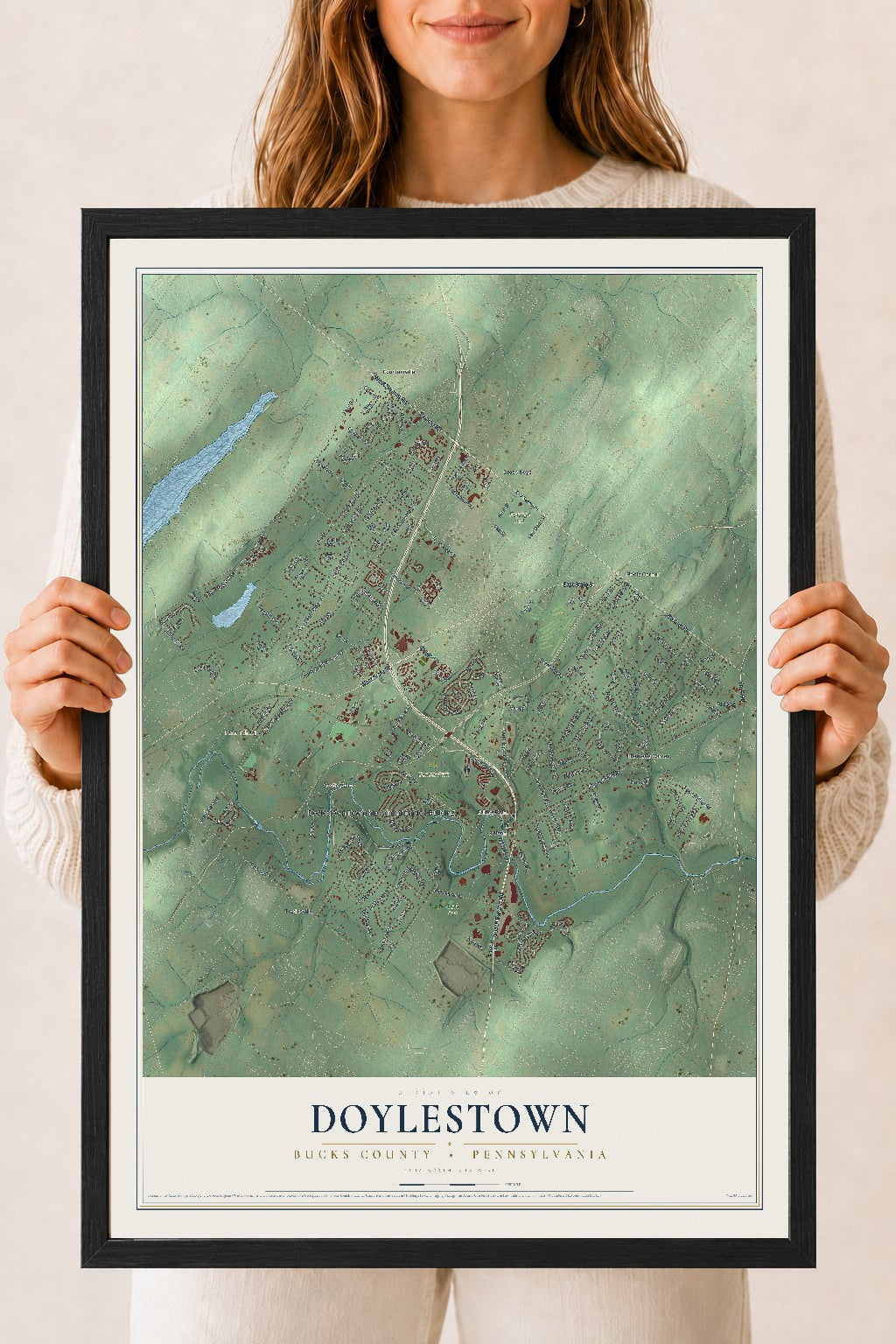 Map of Doylestown, Bucks County, Pennsylvania, 18 x 24 inch print in a black wood frame