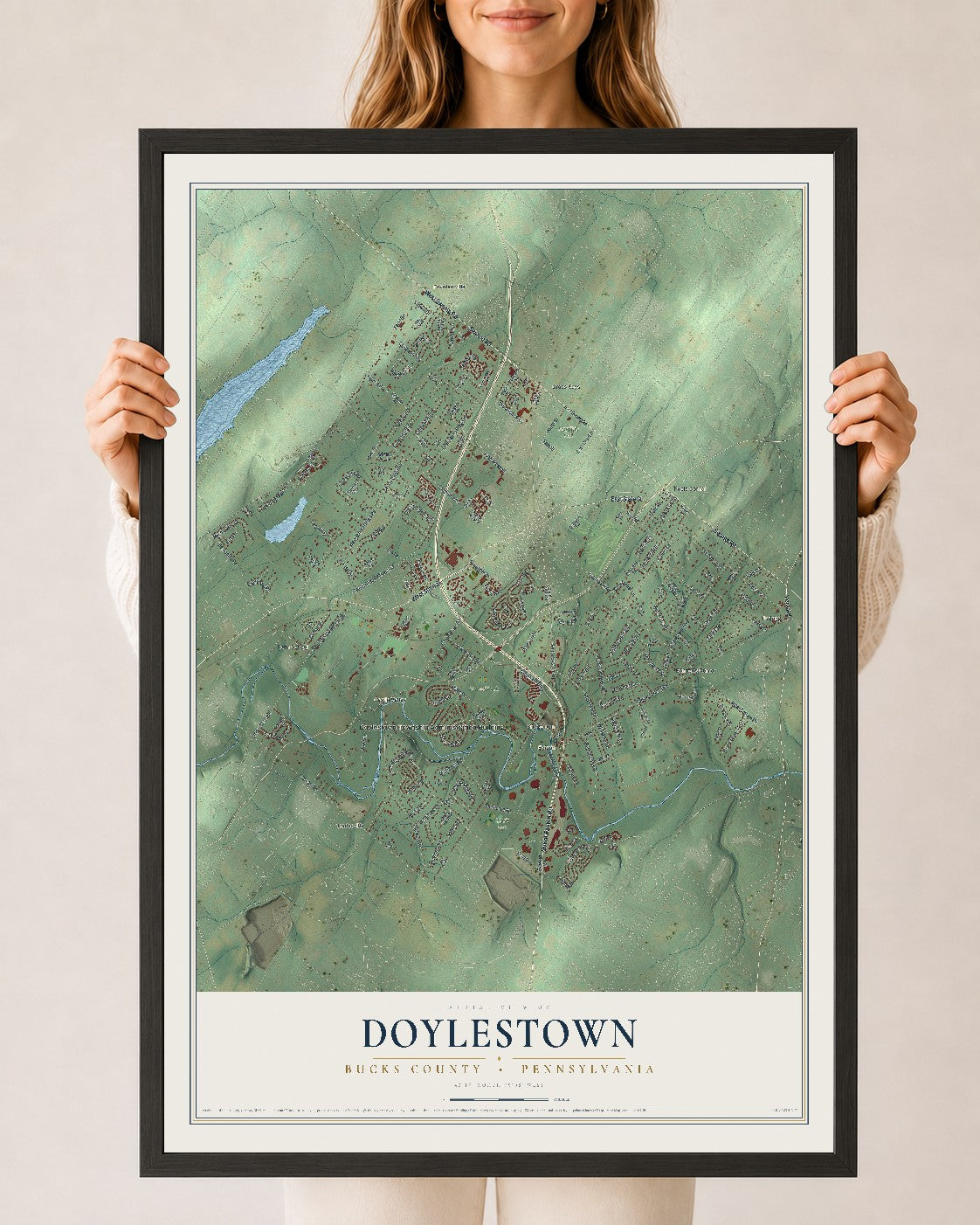 Map of Doylestown, Bucks County, Pennsylvania, 24 x 36 inch print in a black wood frame