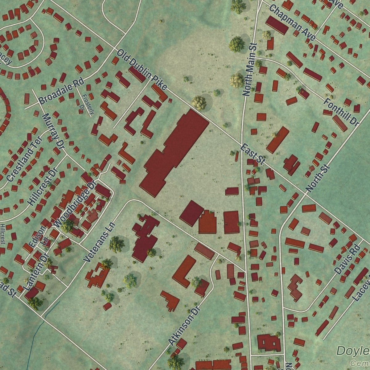 Second close-up of the map of the Borough of Doylestown, Bucks County, Pennsylvania print showing more streets and buildings