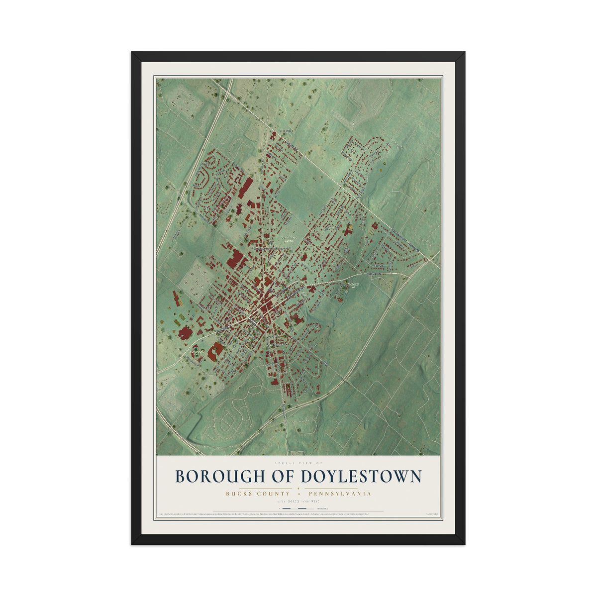 Map of the Borough of Doylestown, Bucks County, Pennsylvania, 12 x 18 inch print in a black wood frame