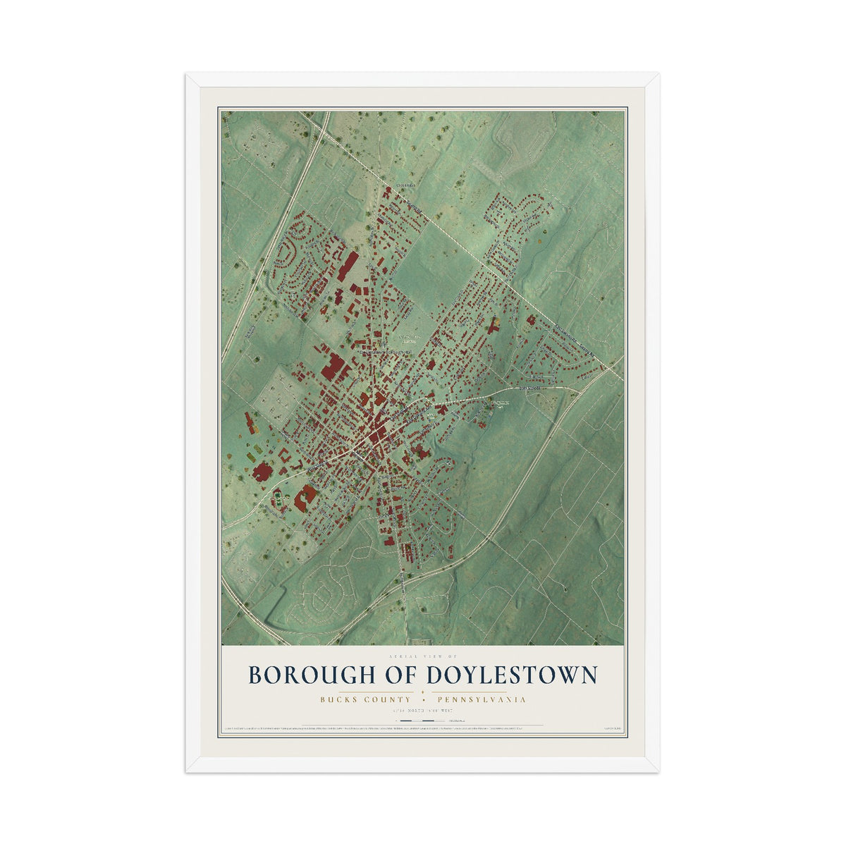 Map of the Borough of Doylestown, Bucks County, Pennsylvania, 12 x 18 inch print in a white wood frame