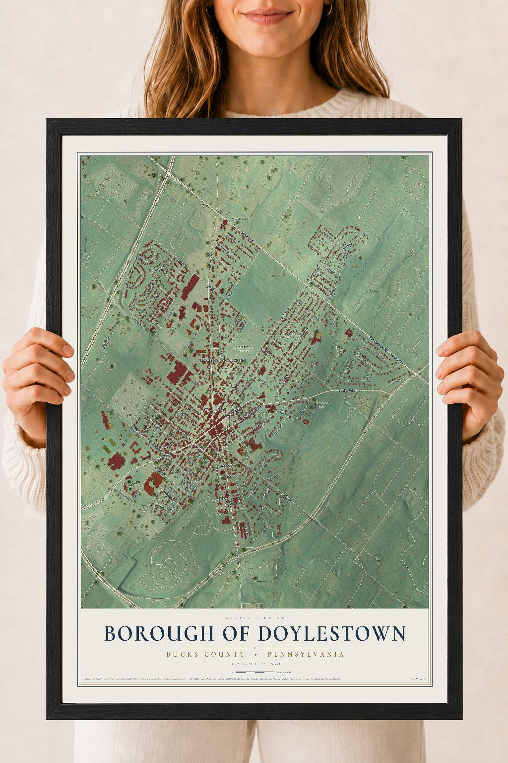 Map of the Borough of Doylestown, Bucks County, Pennsylvania, 18 x 24 inch print in a black wood frame