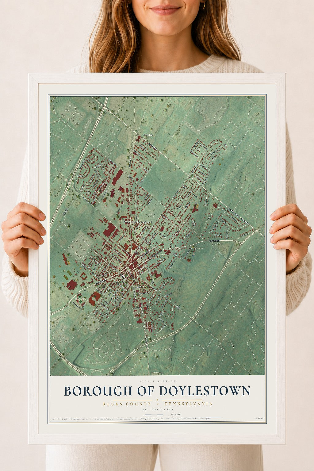 Map of the Borough of Doylestown, Bucks County, Pennsylvania, 18 x 24 inch print in a white wood frame