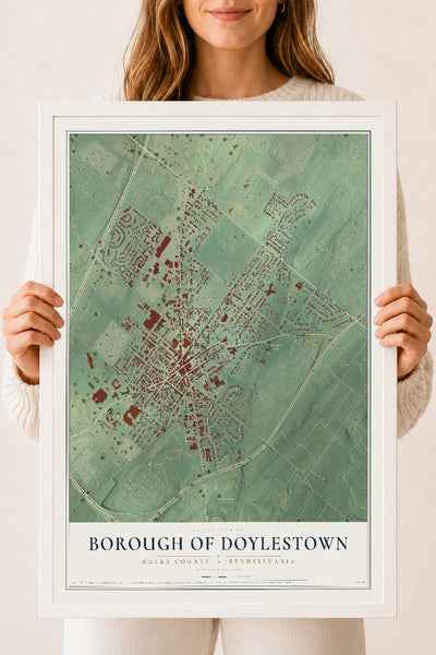 Map of the Borough of Doylestown, Bucks County, Pennsylvania, 18 x 24 inch print in a white wood frame