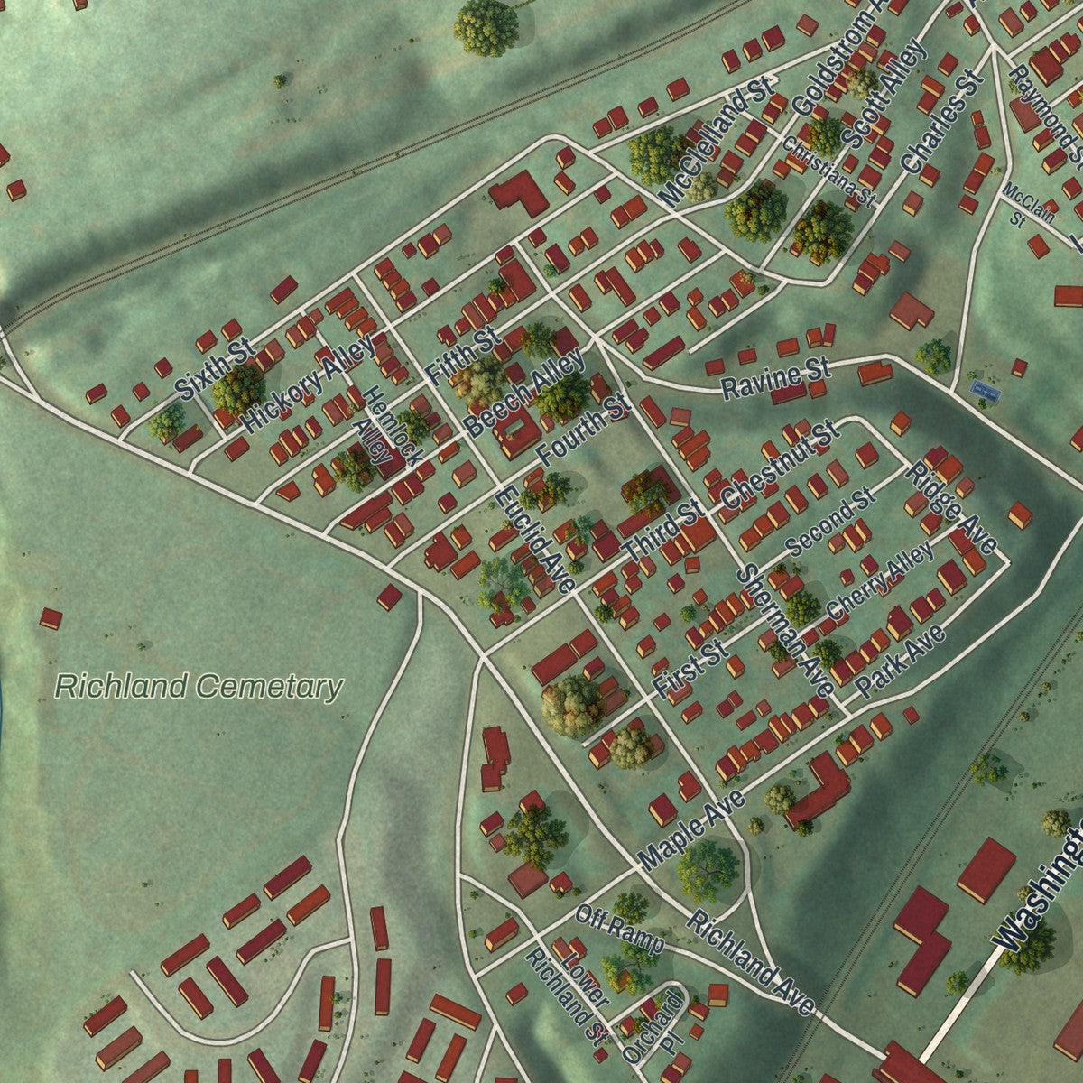 Close-up of the map of Dravosburg, Pennsylvania print showing street and building detail