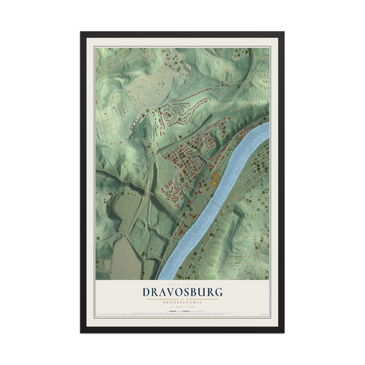 Map of Dravosburg, Pennsylvania, 12 x 18 inch print in a black wood frame