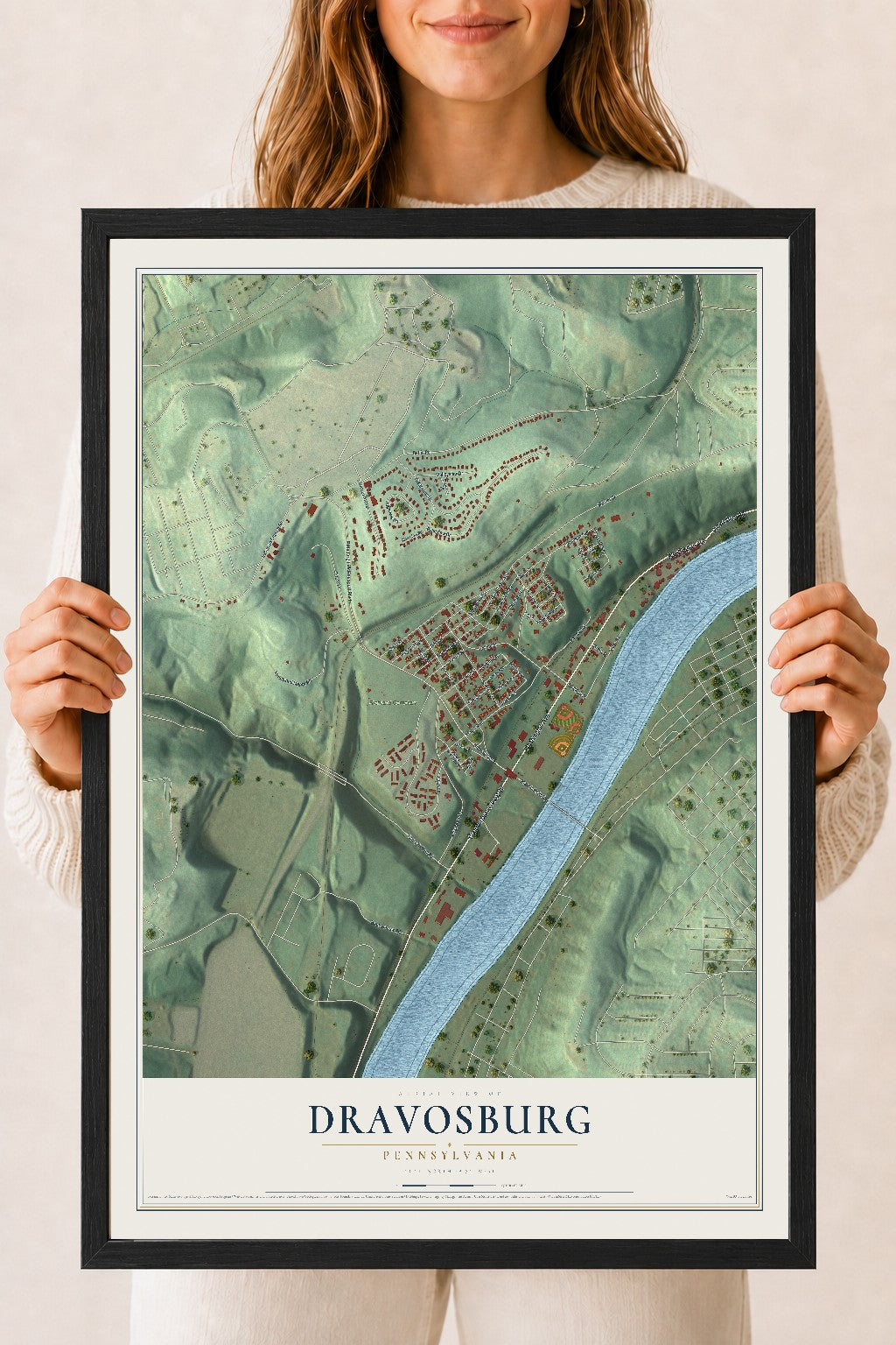 Map of Dravosburg, Pennsylvania, 18 x 24 inch print in a black wood frame