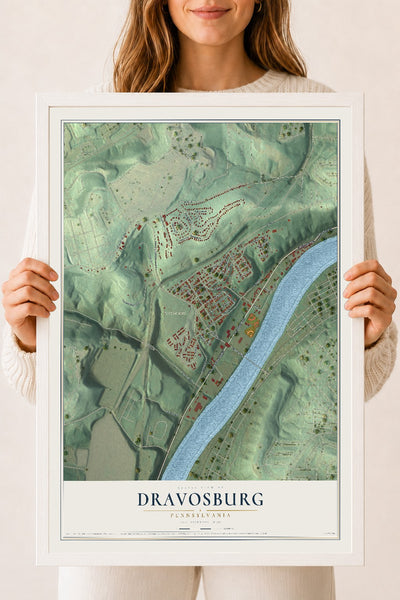 Map of Dravosburg, Pennsylvania, 18 x 24 inch print in a white wood frame
