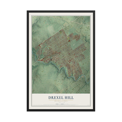 Map of Drexel Hill, Pennsylvania, 12 x 18 inch print in a black wood frame
