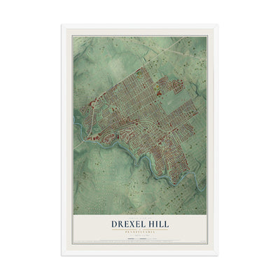Map of Drexel Hill, Pennsylvania, 12 x 18 inch print in a white wood frame