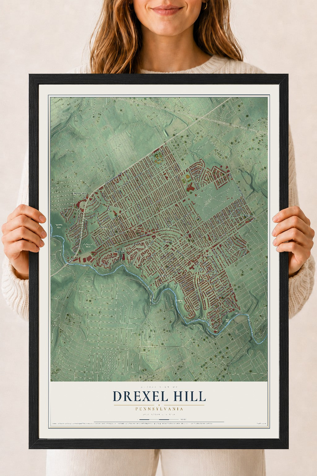Map of Drexel Hill, Pennsylvania, 18 x 24 inch print in a black wood frame