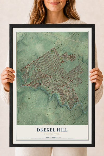 Map of Drexel Hill, Pennsylvania, 18 x 24 inch print in a black wood frame