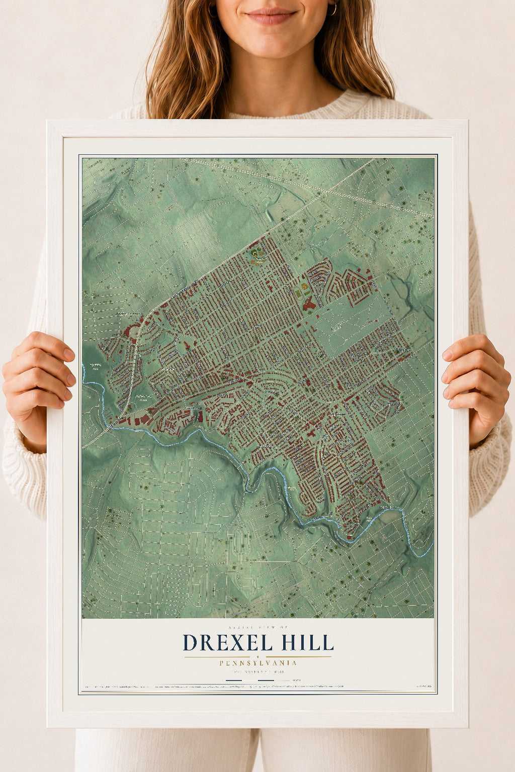 Map of Drexel Hill, Pennsylvania, 18 x 24 inch print in a white wood frame