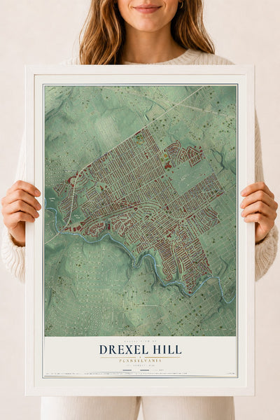 Map of Drexel Hill, Pennsylvania, 18 x 24 inch print in a white wood frame