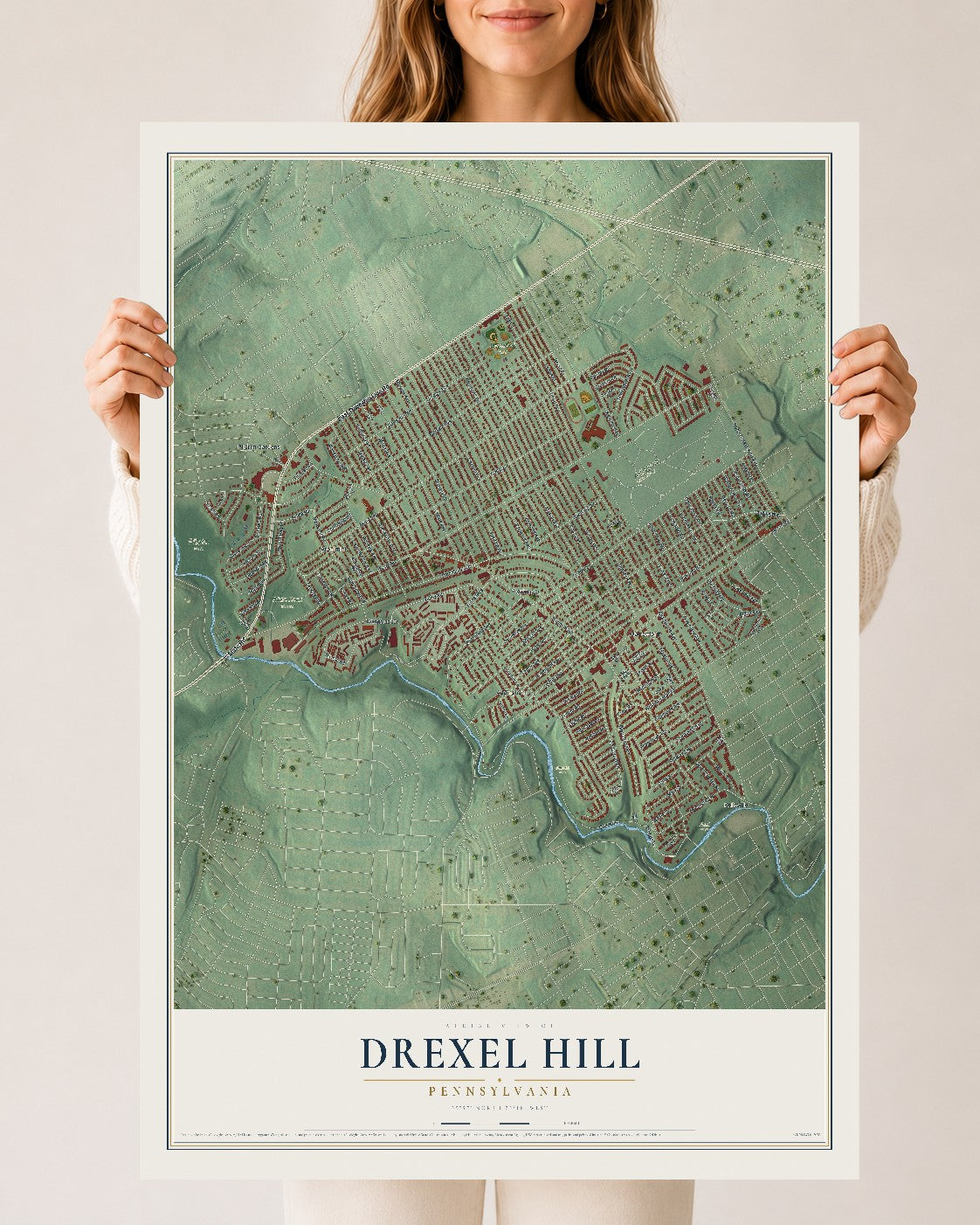 Map of Drexel Hill, Pennsylvania, 24 x 36 inch unframed archival matte print