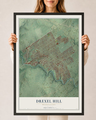 Map of Drexel Hill, Pennsylvania, 24 x 36 inch print in a black wood frame