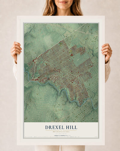 Map of Drexel Hill, Pennsylvania, 24 x 36 inch print in a white wood frame