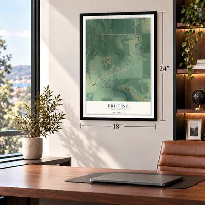 Drifting, Pennsylvania map, 18 x 24 inch print in a black frame in a home office