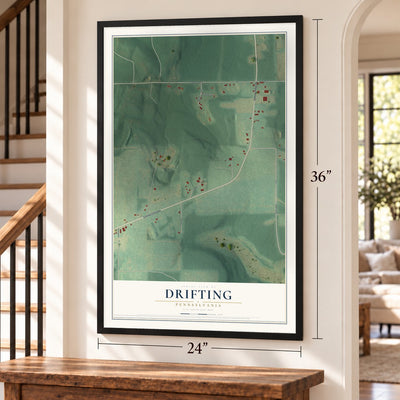 Drifting, Pennsylvania map, 24 x 36 inch print in a black frame by a staircase