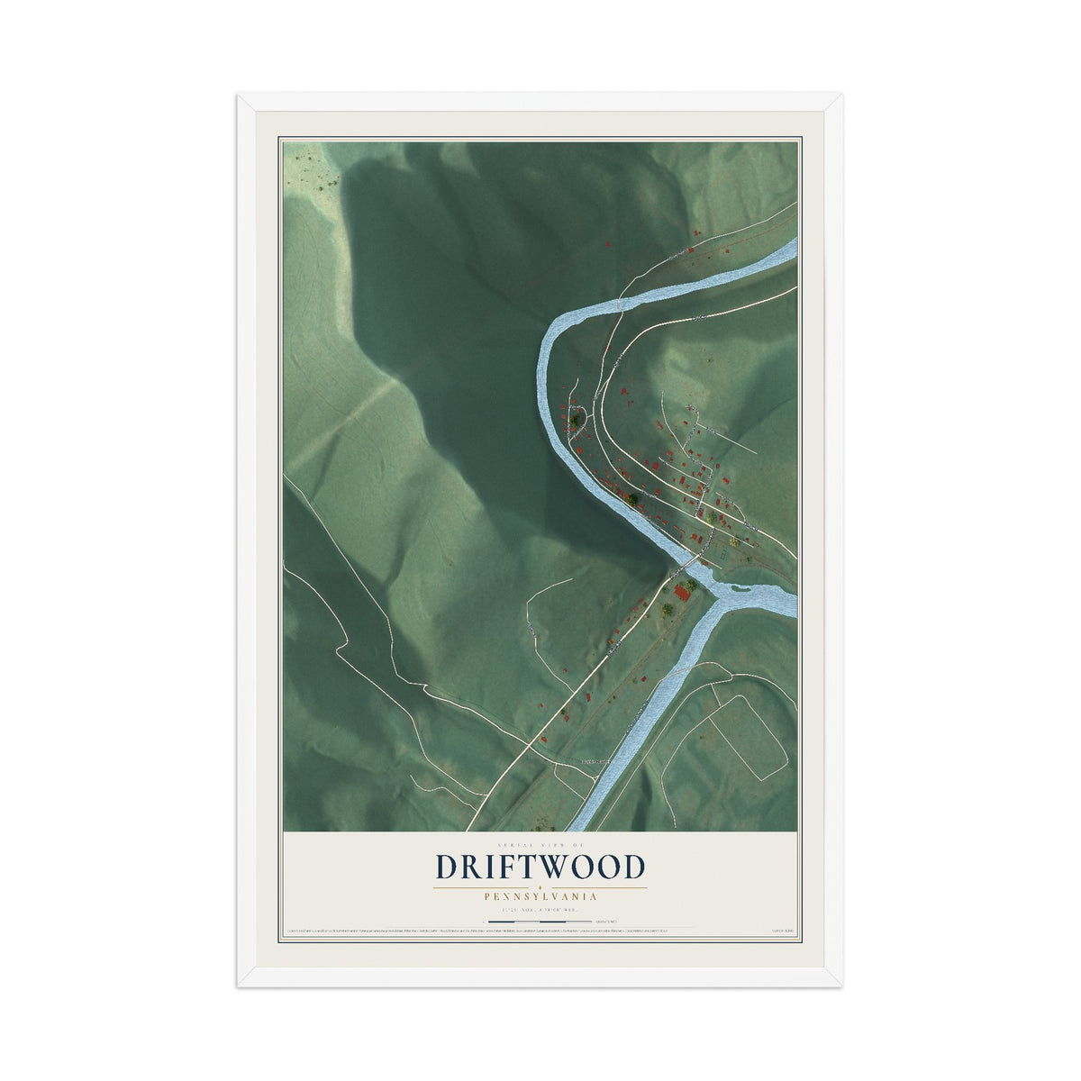 Map of Driftwood, Pennsylvania, 12 x 18 inch print in a white wood frame