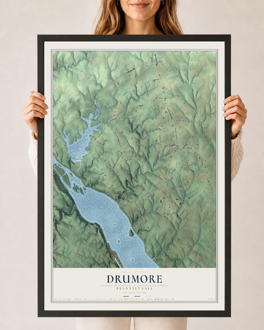 Map of Drumore, Pennsylvania, 24 x 36 inch print in a black wood frame