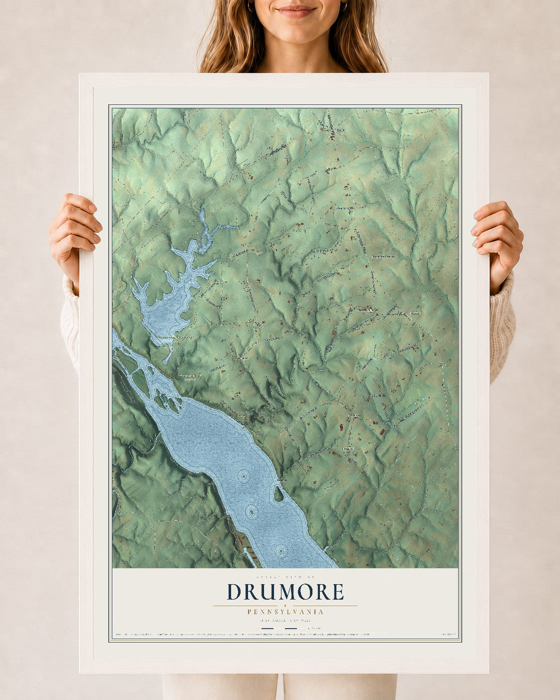 Map of Drumore, Pennsylvania, 24 x 36 inch print in a white wood frame