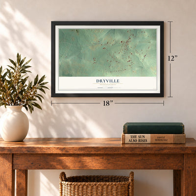 Dryville, Pennsylvania map, 12 x 18 inch print in a black frame in an entryway