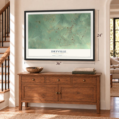 Dryville, Pennsylvania map, 24 x 36 inch print in a black frame above a dresser by a staircase