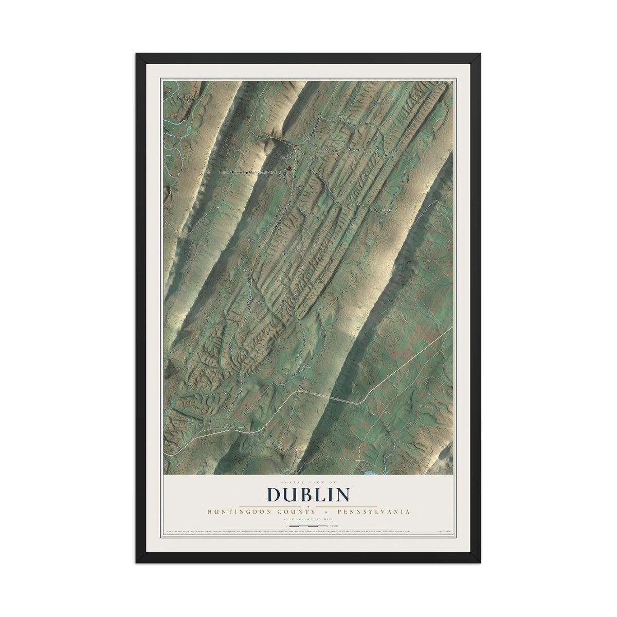Map of Dublin, Huntingdon County, Pennsylvania, 12 x 18 inch print in a black wood frame