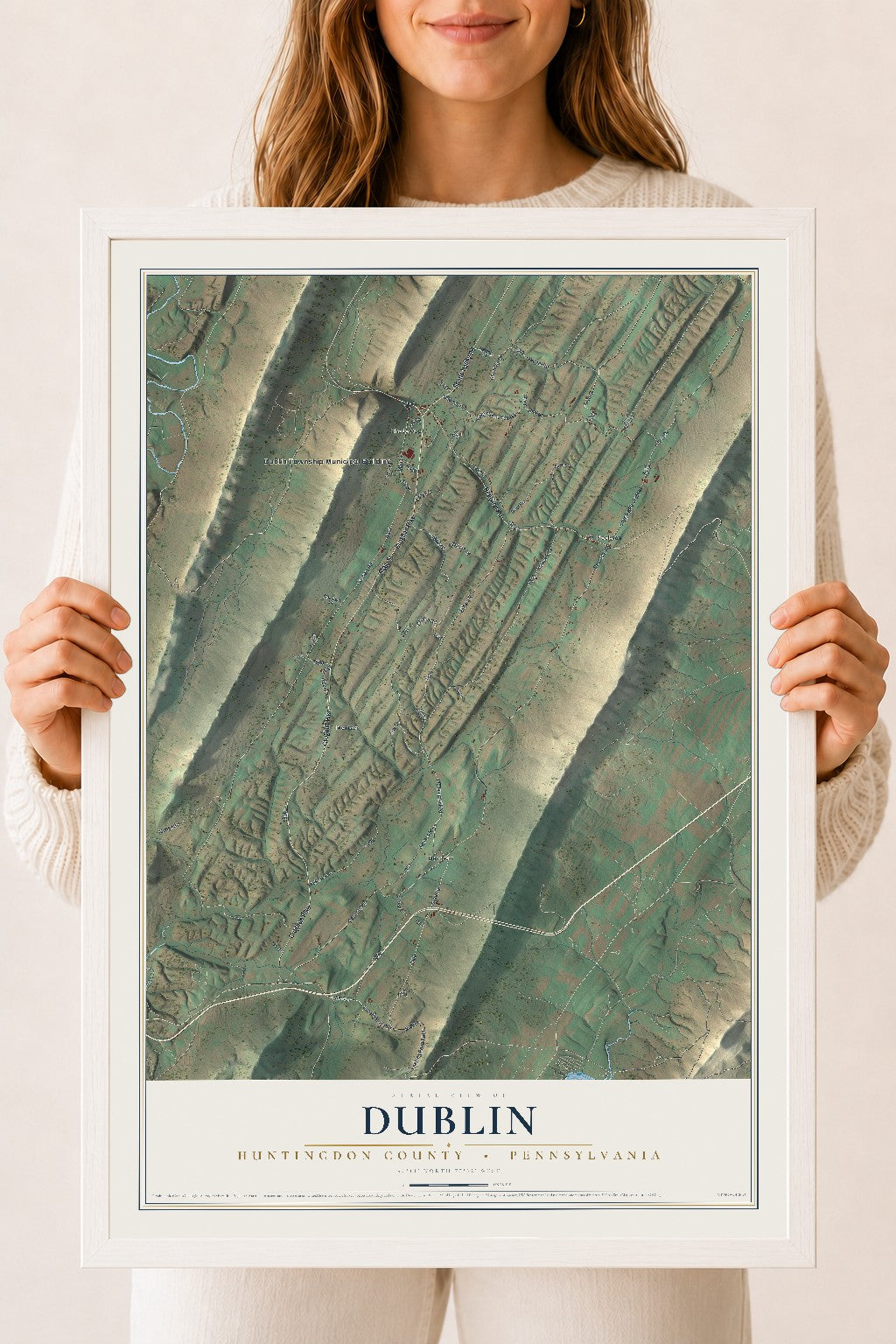 Map of Dublin, Huntingdon County, Pennsylvania, 18 x 24 inch print in a white wood frame
