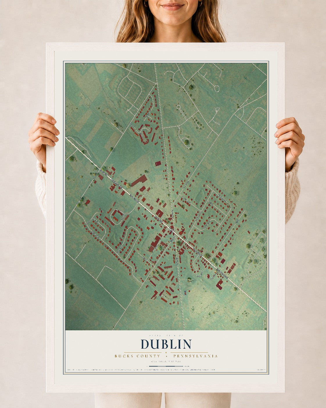 Map of Dublin, Bucks County, Pennsylvania, 24 x 36 inch print in a white wood frame
