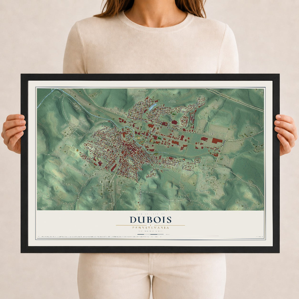 Map of DuBois, Pennsylvania, 12 x 18 inch print in a black wood frame