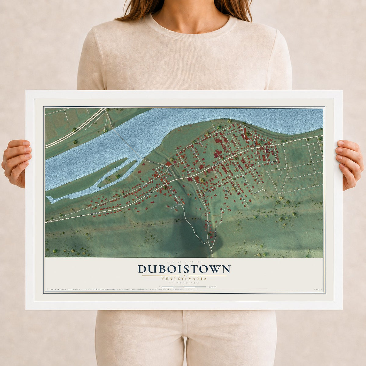 Map of Duboistown, Pennsylvania, 12 x 18 inch print in a white wood frame